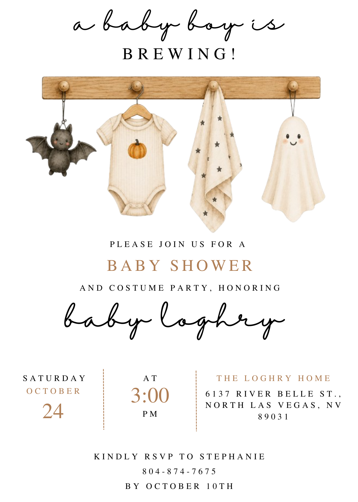Baby Loghry shower invitation with a bat, pumpkin onesie, star blanket and friendly ghost